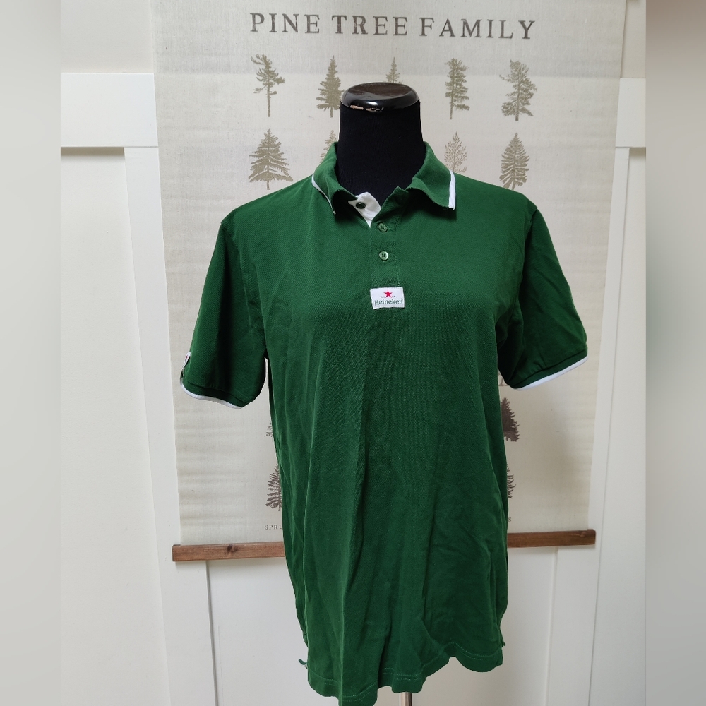Vintage Heineken Green Polo Shirt Men's Size L Short Sleeve Logo Patch